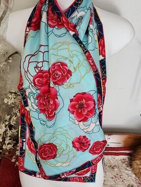 NWT Accessory St. Floral Silk Scarf - Bright Red & Aqua 10.5 X 52 Inches